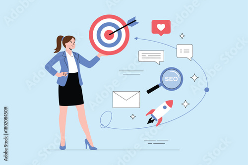 Digital Marketing Strategy and SEO Targeting Illustration. Businesswoman Aiming for Online Marketing and SEO Goals.