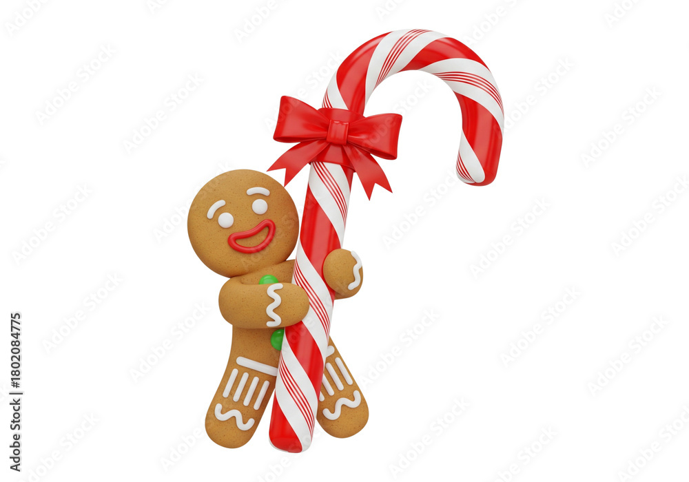 Naklejka premium Jolly Gingerbread Man Hugging a Festive Striped Candy Cane - Sweet Christmas Treat 3D Illustration