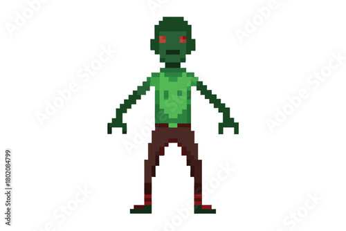 Pixelated green zombie with red eyes stands menacingly on a clean white background