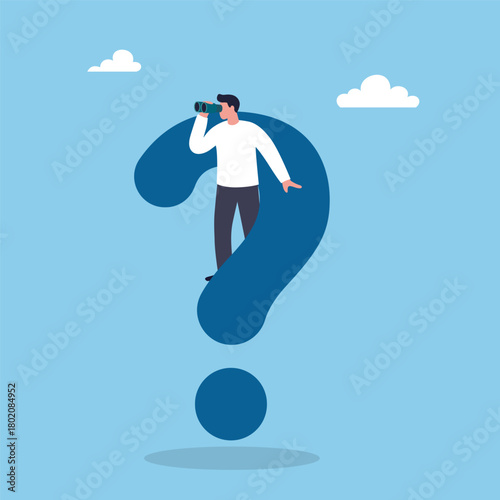 Man Looking for Answers on a Giant Question Mark. Searching for Solutions and Opportunities Concept