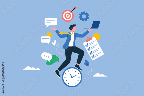 Multitasking Businessman Managing Time and Productivity Tasks. Time Management and Multitasking Workflow Concept Illustration.