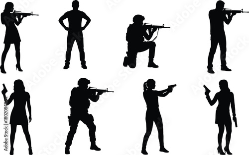 Set of black silhouettes, people with guns, soldier, woman spy, tactical agent, holding rifle and pistol, isolated vector illustration.