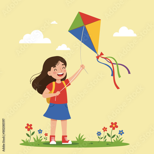 Girl flying a colorful kite in a sunny park enjoying a joyful day of playtime outdoors 