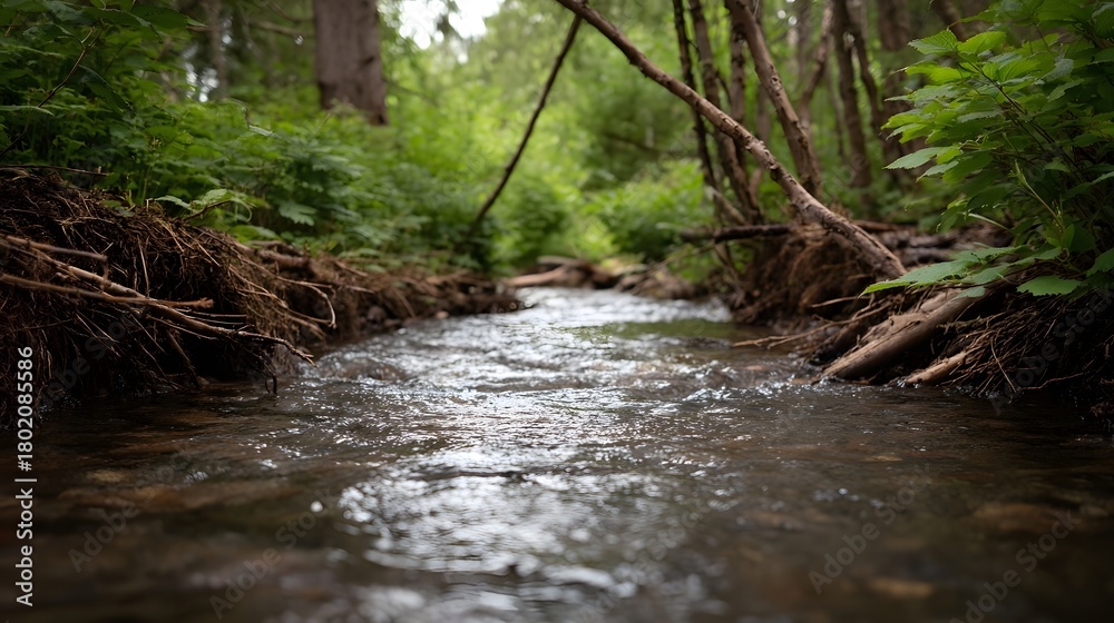 Fototapeta premium A shallow forest stream flows gently through dense green vegetation and over roots and rocks creating a serene natural scene
