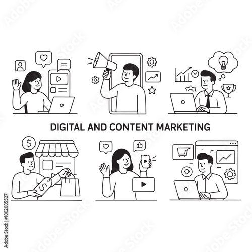 Set of people vector illustrations in various activities of online marketing, social media, networking, internet advertising, promotion, e-commerce