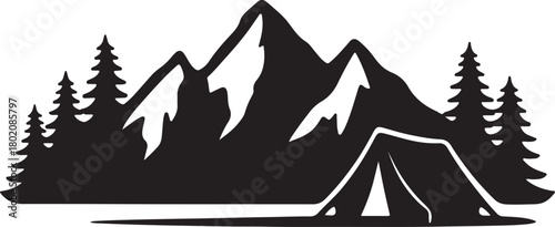 Black silhouette of mountains and fir trees camping adventure wildlife landscape panorama illustration icon