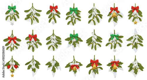 Collection of mistletoe sprigs with bows and ornaments isolated on