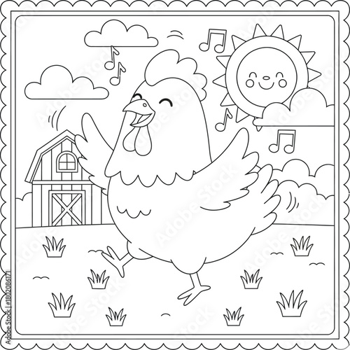 Happy chicken dancing on the farm coloring page – cheerful barnyard scene with sun and music notes for kids
