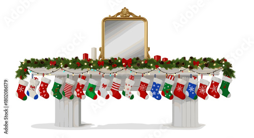 Christmas fireplace decorated with stockings and garland isolated on