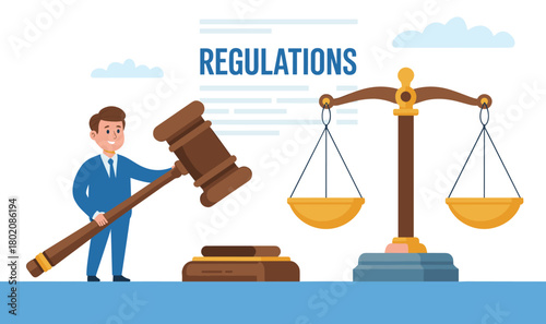 Regulations and Compliance Concept with Gavel and Scales. Legal Rules and Business Compliance Illustrated with Symbols.