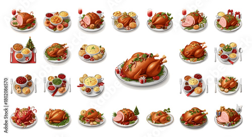 Collection of festive holiday meals and roasted poultry dishes isolated on