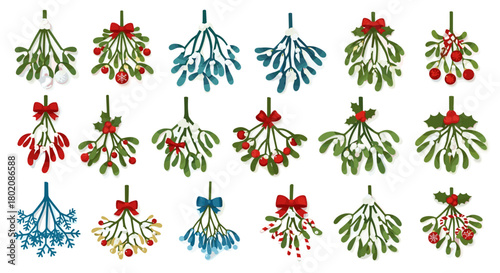 Collection of mistletoe sprigs with red berries and bows isolated on