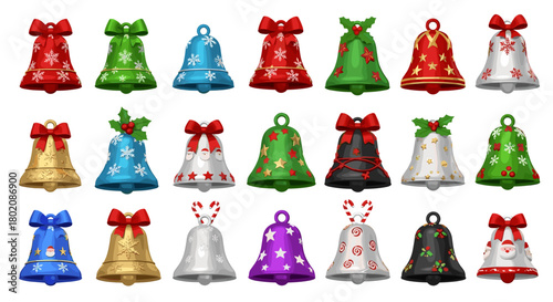 Collection of colorful christmas bells with bows and snowflakes
