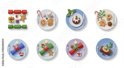 Christmas festive food and crackers isolated on