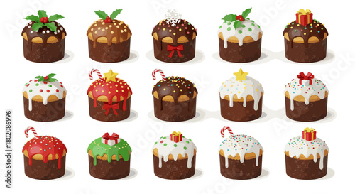 Collection of festive christmas panettone cakes isolated on