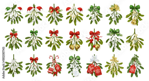 Collection of mistletoe sprigs with christmas decorations isolated on