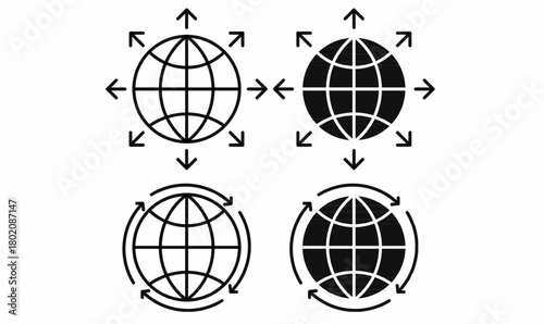 Set global expansion icon with outline and silhouette, global connection, worldwide growth,rotation,navigation.for web, business, network, and global communication themes. isolated white background.