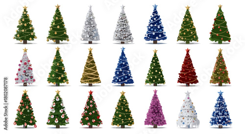 Collection of decorated christmas trees isolated on
