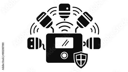 Home security system icon, surveillance cameras, monitoring hub, shield symbol, digital protection Vector