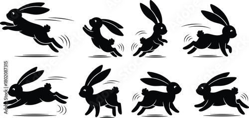Cute rabbit running silhouettes collection, bunny hopping motion sequence, fast hare animation frames, playful pet animal vector illustration, black