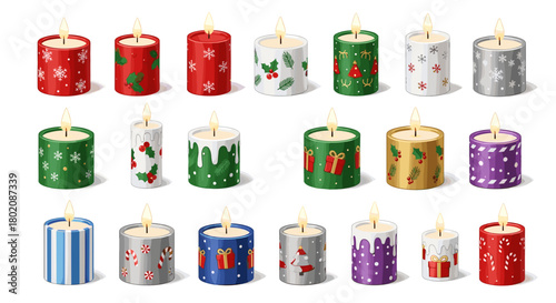 Collection of festive christmas candles with various designs isolated on