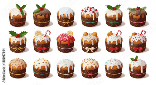 Collection of festive decorated sweet bread cakes isolated on