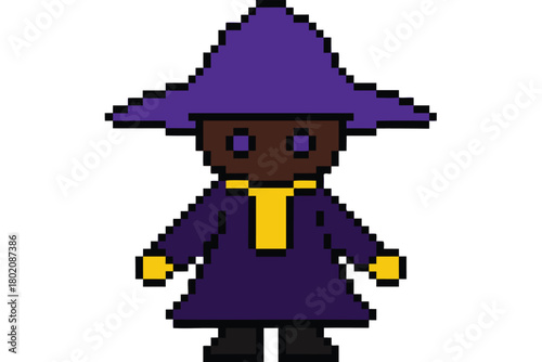 Pixelated mage with brown skin stands wearing a purple robe and hat