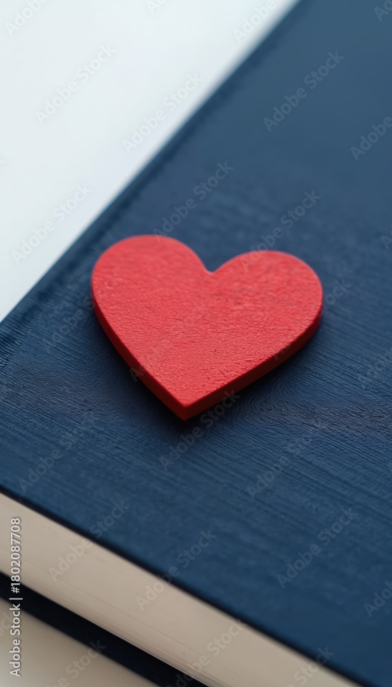 Obraz premium Red wooden heart lies on closed blue book. Love symbol placed on diary novel cover. Concept of favorite romance story, reading hobby, education, knowledge. Nice gift for book lover on Saint
