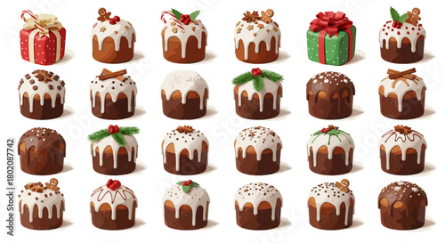 Collection of festive christmas cakes and pastries isolated on