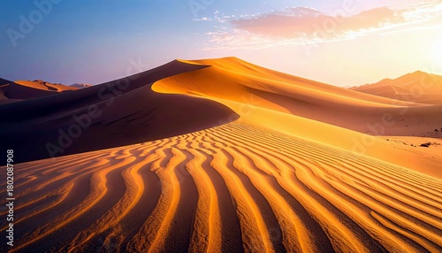 Fototapeta Naklejka Na Ścianę i Meble -  A vast desert landscape bathed in the warm glow of sunset, featuring undulating sand dunes with intricate ripple patterns and dramatic shadows.