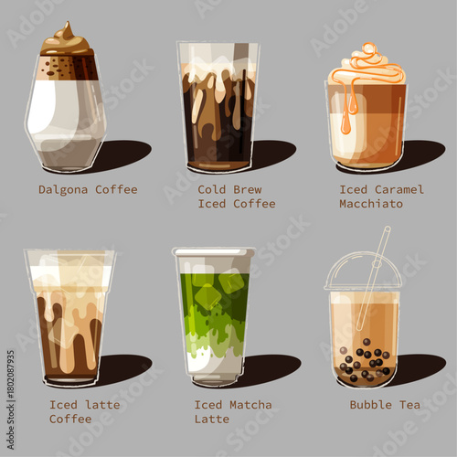 Set of Iced Coffee Drinks and Bubble Tea. Vector Illustration