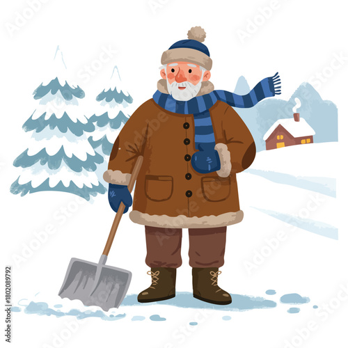 Winter scene featuring a cheerful elderly man shoveling snow in a cozy landscape with a cabin and snow-covered trees 