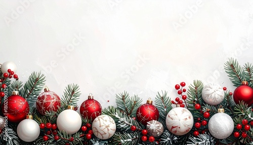 A festive Christmas border featuring snow-dusted green pine branches, red and white baubles, holly berries, and pinecones, framing a bright, textured white background. (186 characters)