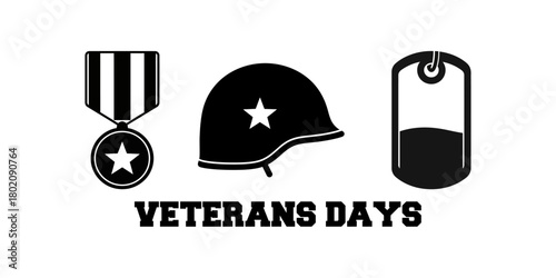 Veterans Day Silhouette Icon Set – Military Medal, Soldier Helmet, and Dog Tag Black Vector Design