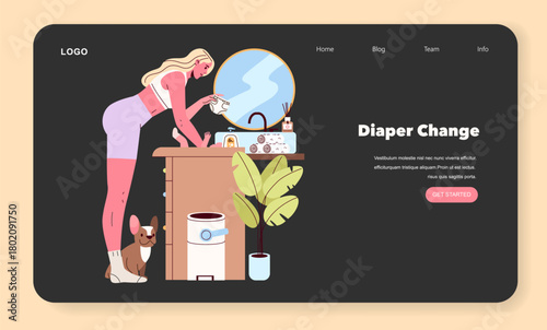 Woman Changing Diaper by Sink Vector Illustration