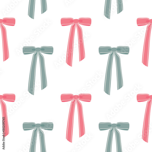 Vector pattern with cute flirty bow. Seamless trendy background with pink and blue pastel ribbons. Classic flat bow with decorative stripes. Great for packaging design, fabric, textile and stationery.
