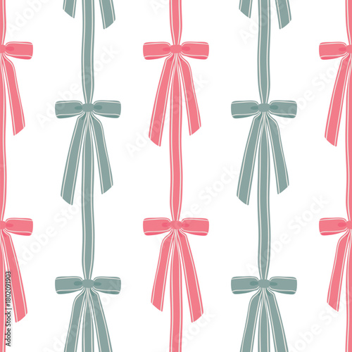 Stylish seamless vertical ribbon garland pattern with classic decorative bows in alternating pink and dusty blue colors on white. Cute, modern, and elegant for fabric and packaging.