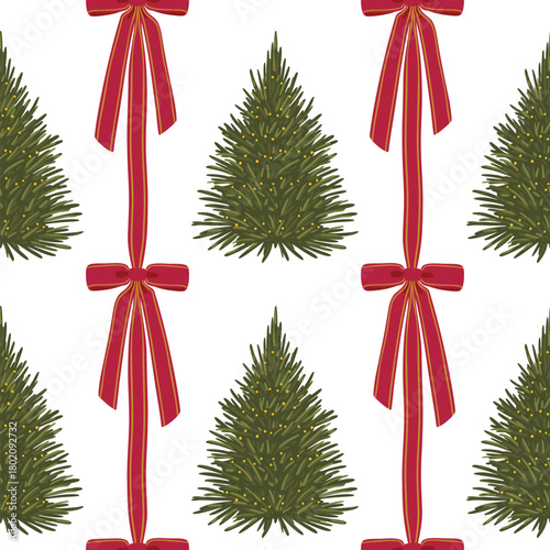 Festive seamless pattern of vertical red ribbon garlands, decorative Christmas trees, and gold-lit swags on a white background. Elegant, traditional, and warm for fabric and packaging.