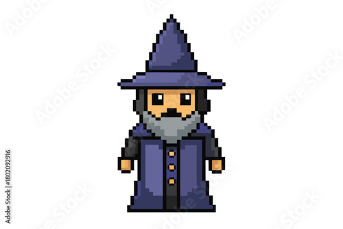 Pixelated wizard character with pointy hat and long gray beard stands on a white background