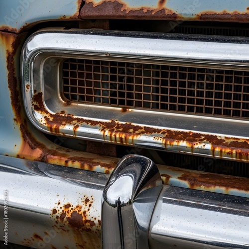 Close-up Detail of Rusty Front Grille and Chrome Bumper on a Weathered Vintage Light Blue Car