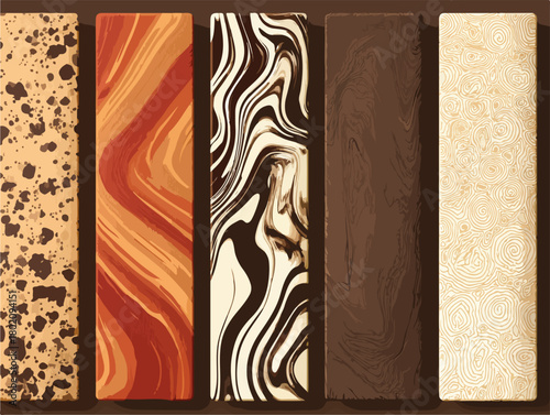 様々な模様と色のチョコレートバーのテクスチャを並べた、高級感のあるベクター背景素材。デザートやカカオの表現に。