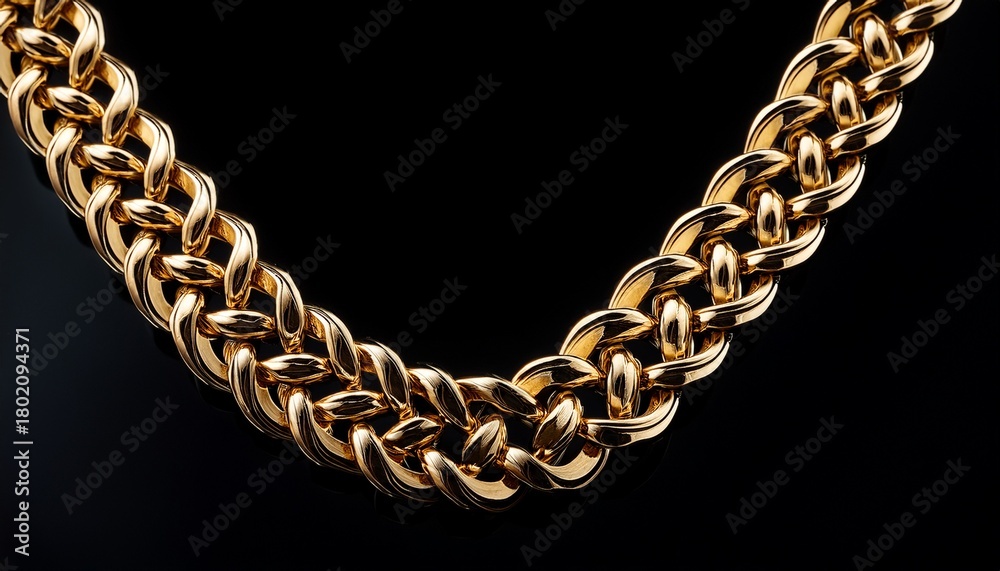 Obraz premium a thick lustrous gold curb chain necklace hangs against a stark black background showcasing its intricate links and polished gleam