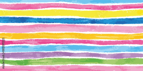 カラフルで明るい色合いのクレヨンまたは水彩風の横縞模様が連続する、楽しいベクター背景素材です。