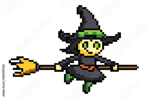 Pixelated young witch flies on her broom wearing a pointy hat against a white backdrop