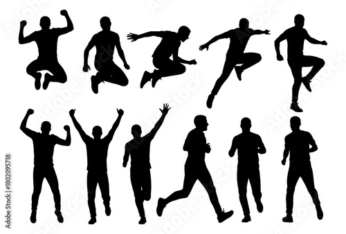 Set of male silhouettes in action poses including jumping, running, and celebrating
