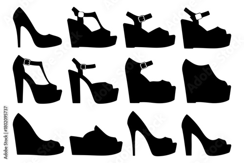 Set of women's shoe silhouettes including high heels, wedges, and platform sandals