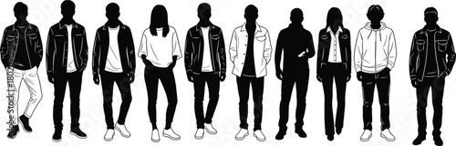 20-Word Title: Set of people silhouettes in casual street fashion, group of men and women standing, black and white sketch vector illustration.