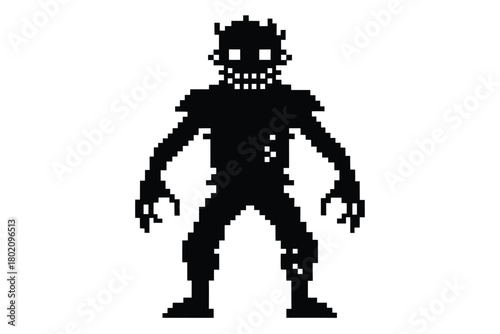 Pixelated zombie silhouette with glowing eyes and tattered clothes appears menacing on a plain background