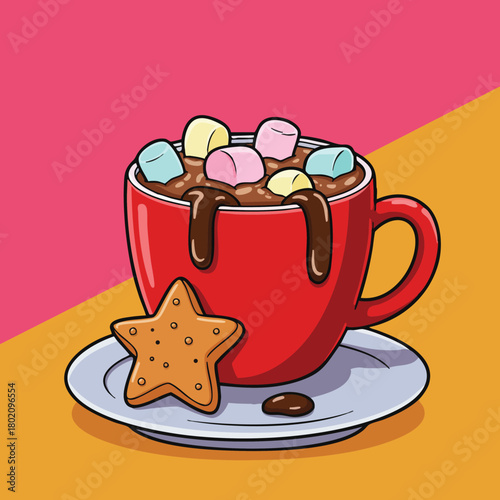 Hot chocolate topped with marshmallows and served with a cookie on a plate for cozy moments 