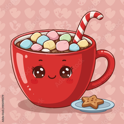 Cute red mug filled with hot chocolate and marshmallows accompanied by a cookie for a cozy winter vibe 